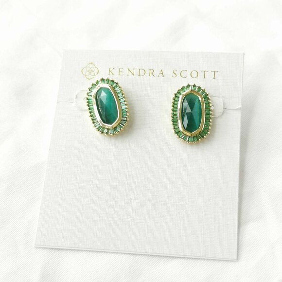 Kendra Scott Baguette Ellie Green Mix Gold Stud Earrings - Picture 1 of 3